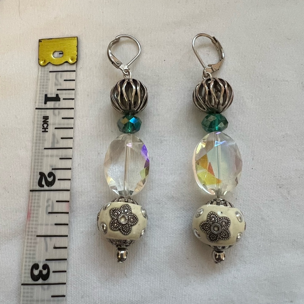 Elegant Silver Tone AB Crystal Cream Victorian Inspired Beaded Dangle Earrings